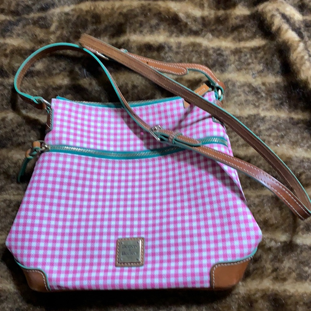 Spring Dooney and Bourke purse.pink and white gingham, with green details.